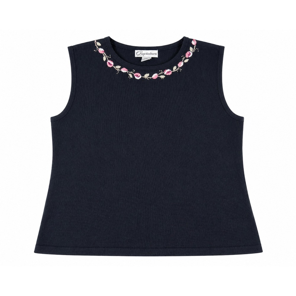 Dressbarn Womens Sweater Top Medium Black‎ Embroidered Floral Sleeveless NWT